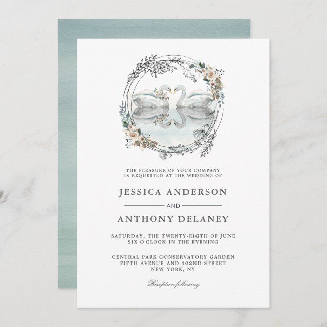 Invitación a acuarela elegante para cisnes bodas (Anverso / Reverso)