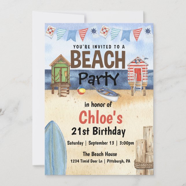 Invitación a acuarela Fiesta de playa (Anverso)