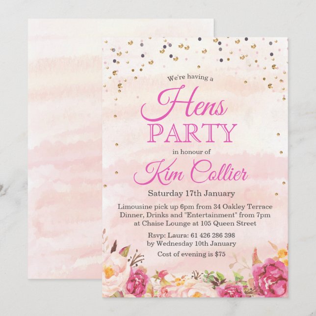 Invitación a acuarela floral Fiesta de Hens (Anverso / Reverso)