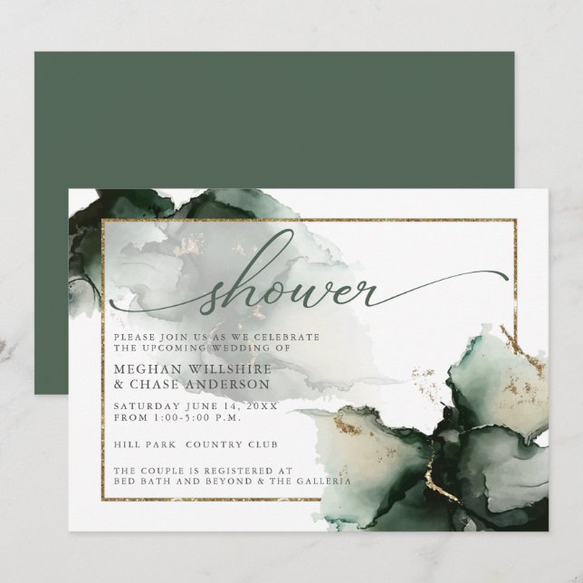 Invitación a acuarela verde oro y sabio (Anverso / Reverso)