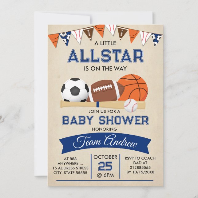 Invitación a Allstar para Baby Shower de deportes  (Anverso)