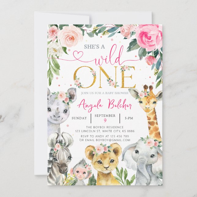 Invitación a animales de la selva chica Wild One (Anverso)