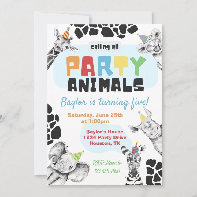 Invitación a animales fiestas | Animales Safari (Anverso)