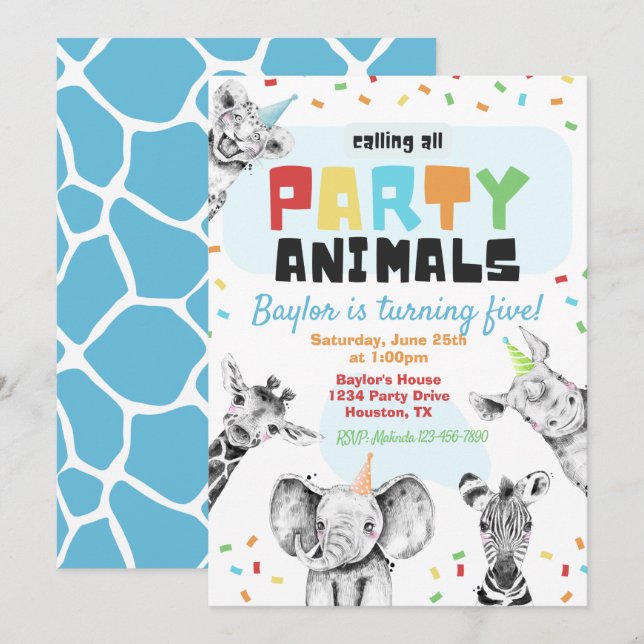 Invitación a animales fiestas | Cumpleaños de Fies (Anverso / Reverso)