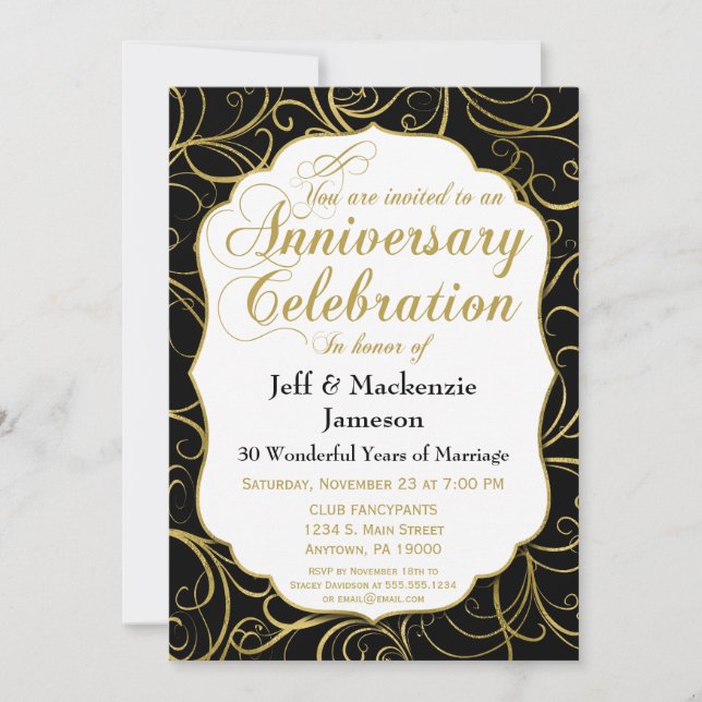 Invitación a aniversario de Black Gold Swirl Elega (Anverso)