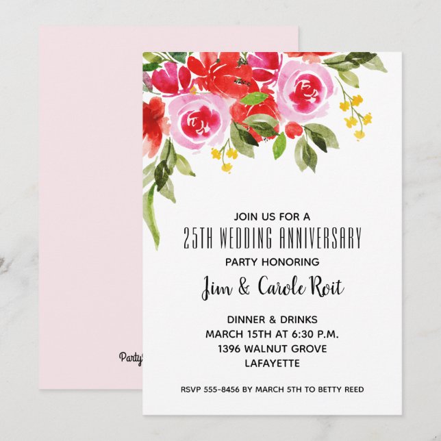 Invitación a Aniversario Floral de color Rojo Rosa (Anverso / Reverso)
