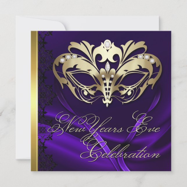 Invitación a Año Nuevo morado de mascarada de oro (Anverso)