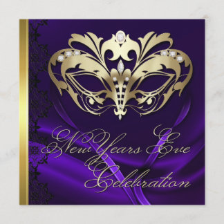 Invitación a Año Nuevo morado de mascarada de oro