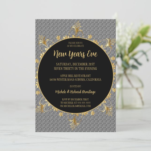 Invitación a Año Nuevo Plata y Oro (Anverso de pie)