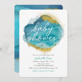 Invitación a Aqua Blue and Gold Ocean Baby Shower