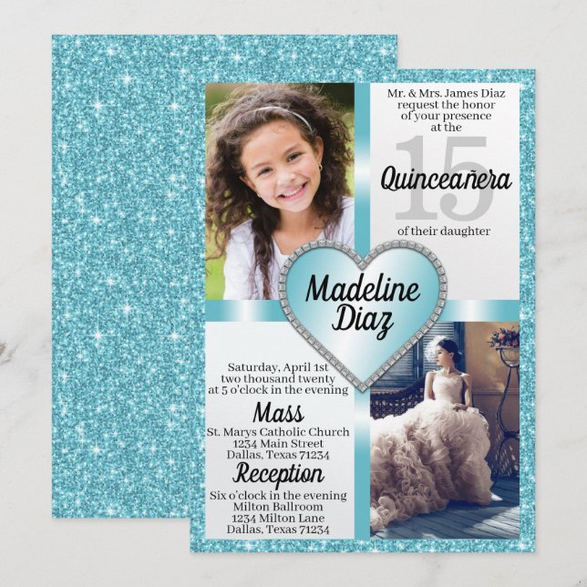 Invitación a Aqua Blue Quinceañera 15 cumpleaños (Anverso / Reverso)