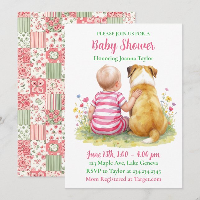 Invitación A Baby and Her Dog | Girl's Pink Baby Shower (Anverso / Reverso)