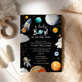 Invitación A Baby Boy Is On The Way Black Space Baby Shower