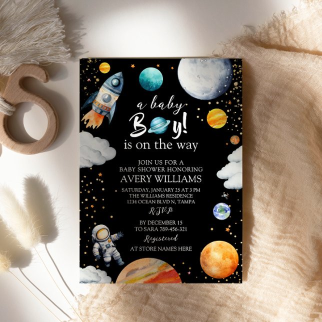 Invitación A Baby Boy Is On The Way Black Space Baby Shower (Subido por el creador)