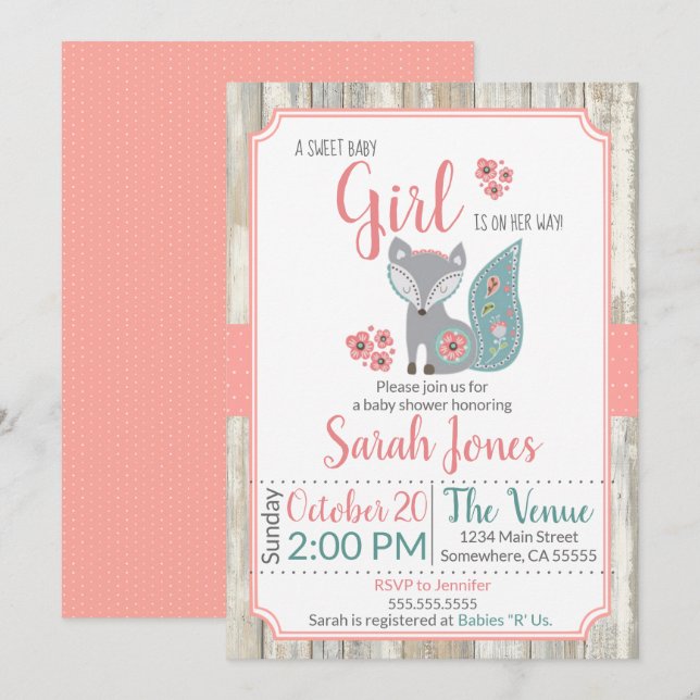 Invitación a Baby Fox Baby Shower - Chica (Anverso / Reverso)