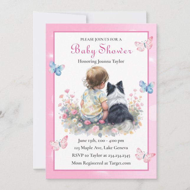 Invitación A Baby Girl and her Aussie Dog Baby Shower  (Anverso)