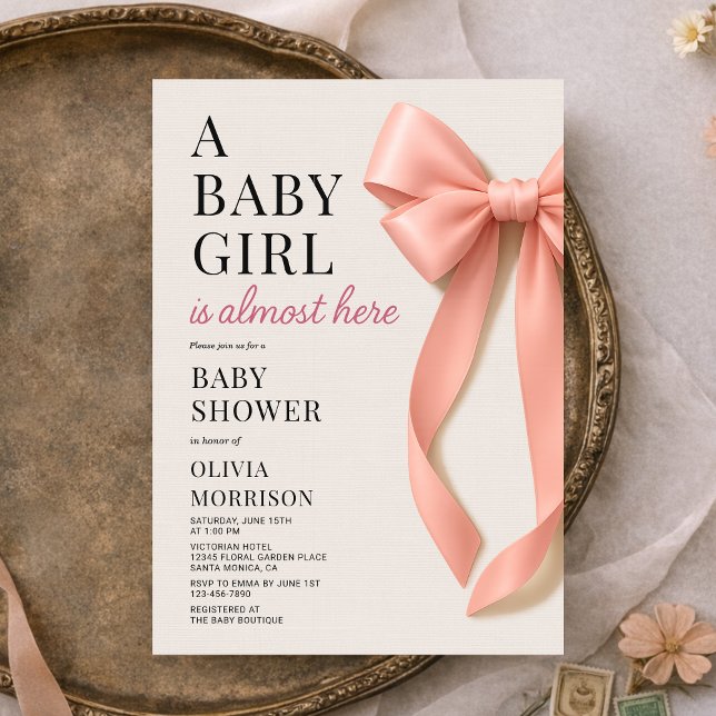 Invitación A Baby Girl is Almost Here Pink Bow Baby Shower (Subido por el creador)