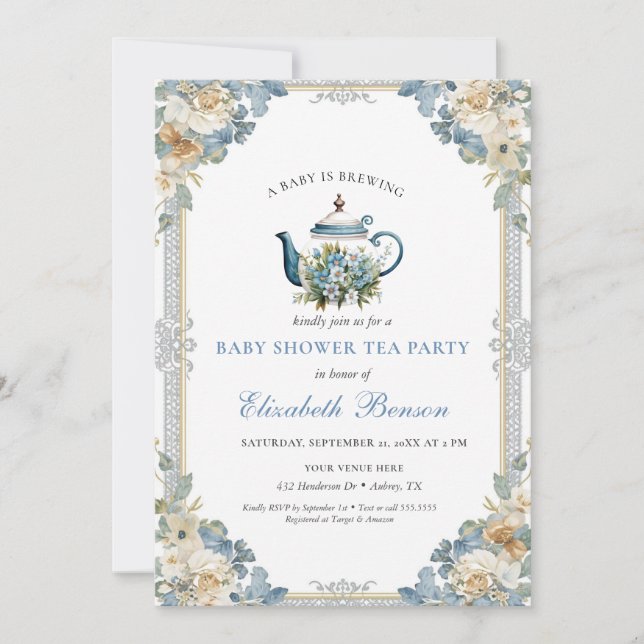 Invitación A Baby Is Brewing Blue Floral Shower (Anverso)