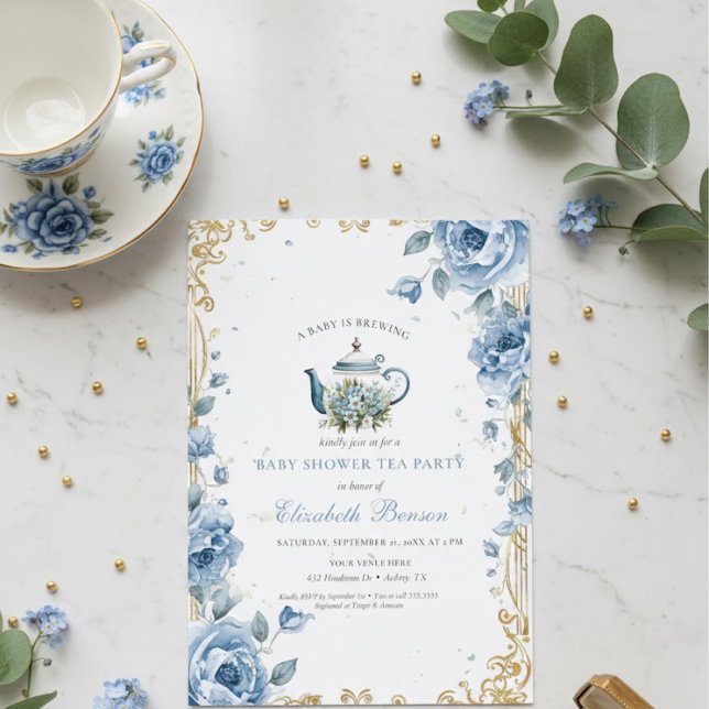Invitación A Baby Is Brewing Blue Floral Shower (Subido por el creador)