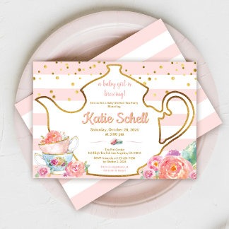 Invitación A Baby is Brewing Blush Flower Baby Shower Tea