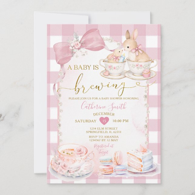 Invitación A Baby Is Brewing Bunny Teacup Girl Baby Shower  (Anverso)