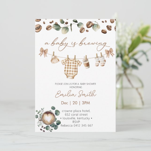 Invitación A Baby Is Brewing Coffee Baby Shower (Anverso de pie)