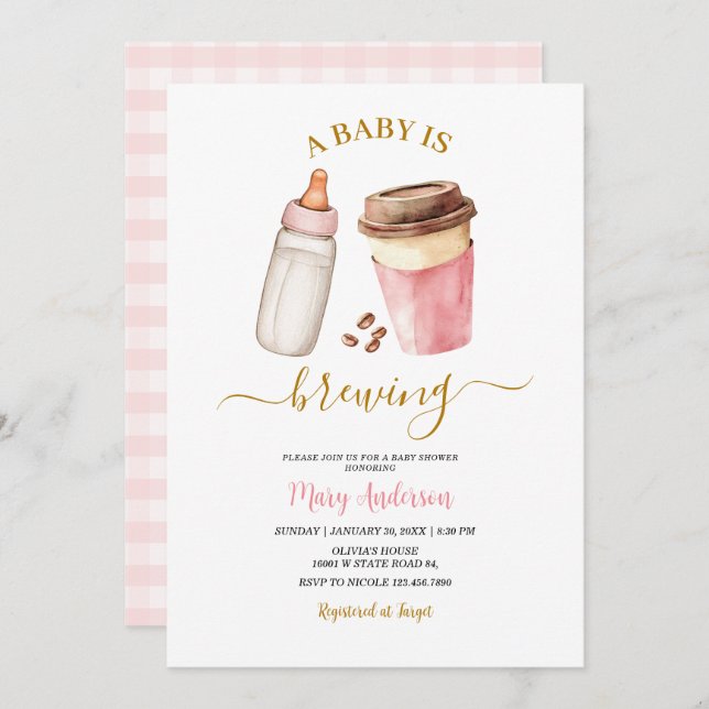 Invitación A Baby Is Brewing Coffee Baby Shower for girl (Anverso / Reverso)