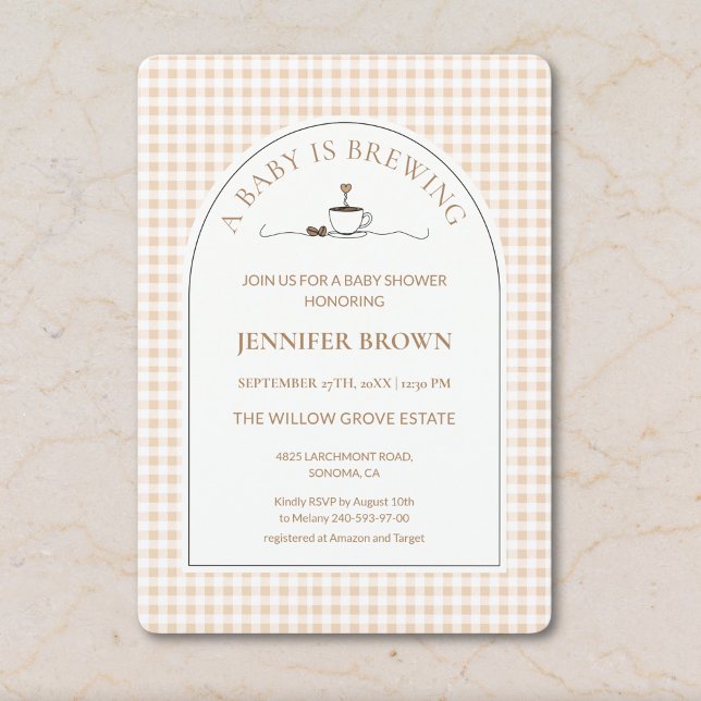 Invitación A Baby Is Brewing Coffee Gingham Baby Shower  (Subido por el creador)