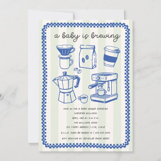 Invitación A Baby Is Brewing Doodle Boy Blue Baby Shower (Anverso)