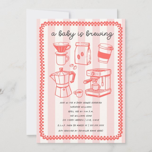 Invitación A Baby Is Brewing Doodle Girl Pink Baby Shower (Anverso)
