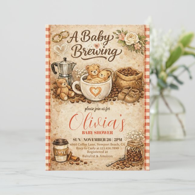 Invitación A Baby is Brewing Gingham Coffee Baby Shower  (Anverso de pie)