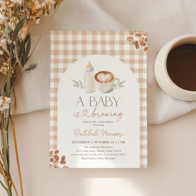 Invitación A Baby is Brewing Gingham Coffee Baby Shower (Subido por el creador)