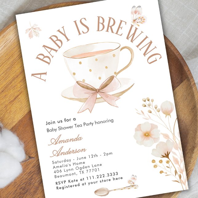 Invitación A Baby Is Brewing Tea Party Bow Baby Shower Pastel (Subido por el creador)