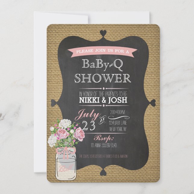 Invitación a BaBy-Q Shower Burlap Mason Jar Chalkb (Anverso)