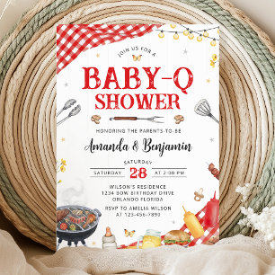 Invitación a Baby-Q Shower con tela a cuadros roja