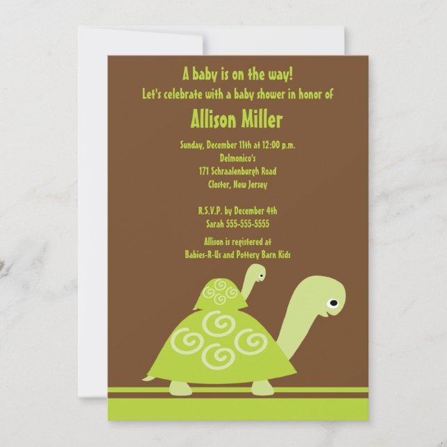 Invitación a Baby Shower a la tortuga de moda (Anverso)
