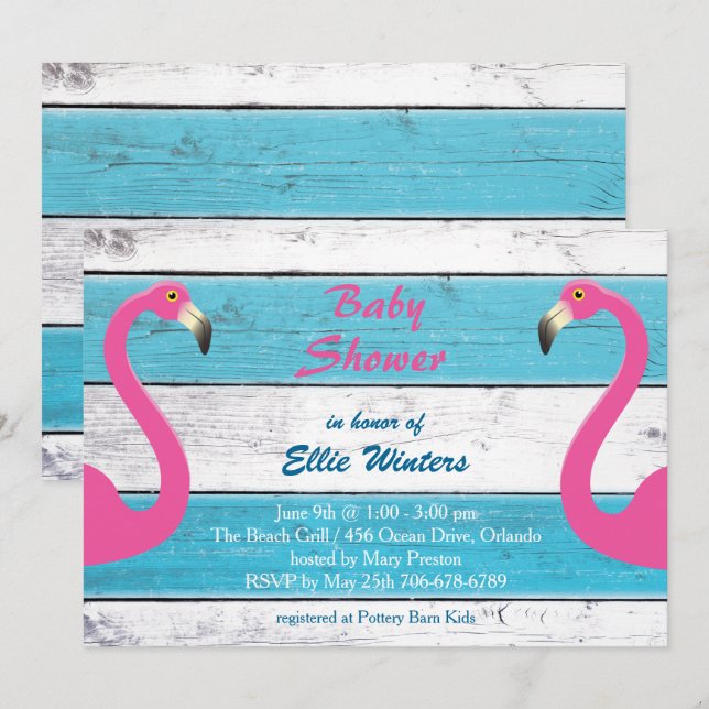 Invitación a Baby Shower a rayas de moda Flamingo (Anverso / Reverso)