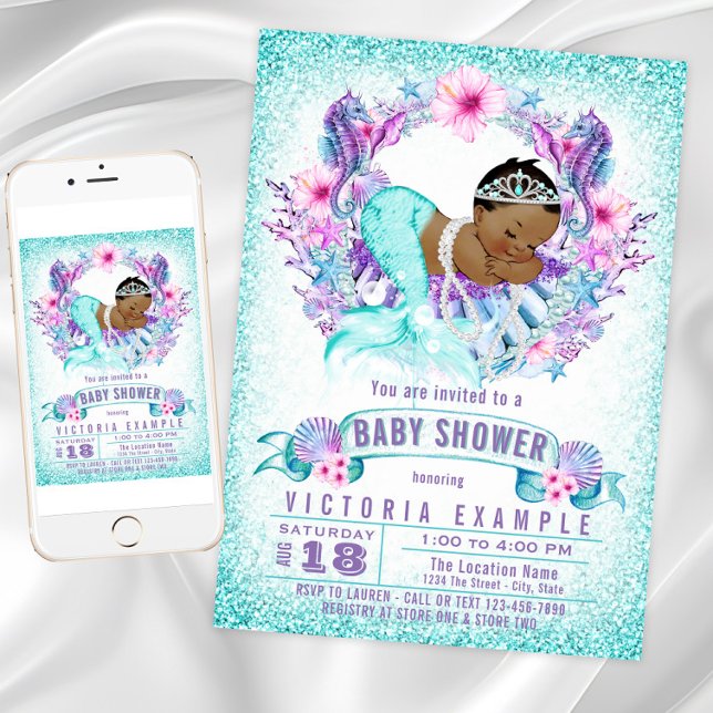 Invitación a Baby Shower a una sirena étnica morad (African American mermaid baby shower invitation. Instant download and printed invitations available.)