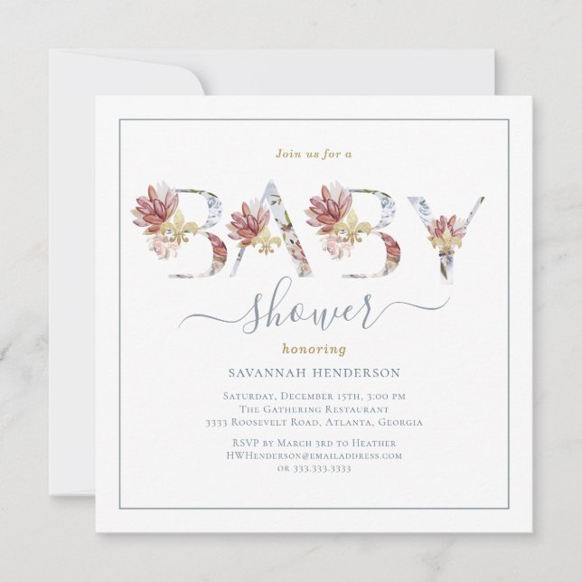 Invitación a Baby Shower acuarela, floral y dorada (Anverso)