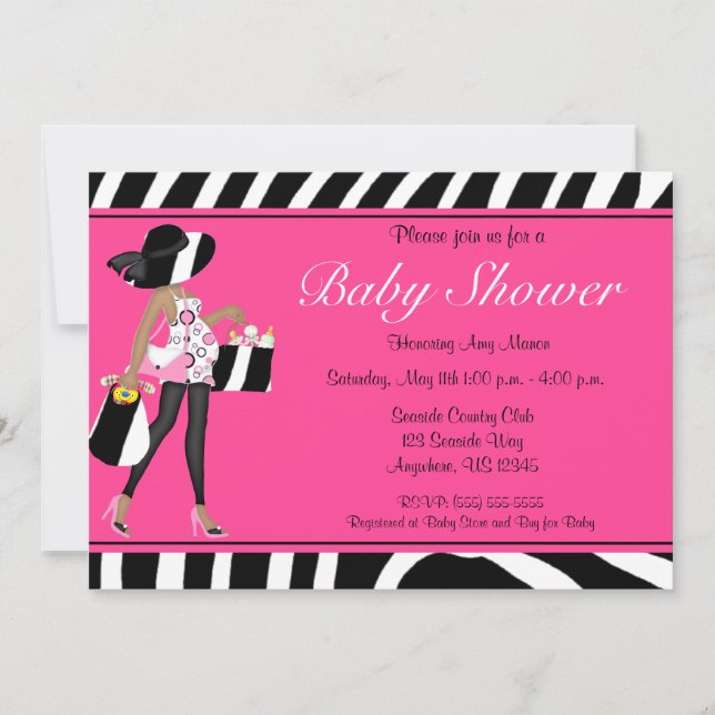 Invitación a Baby Shower afroamericana color rosa  (Anverso)