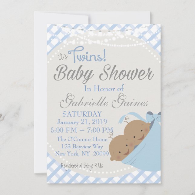 Invitación a Baby Shower afroamericana de dos homb (Anverso)