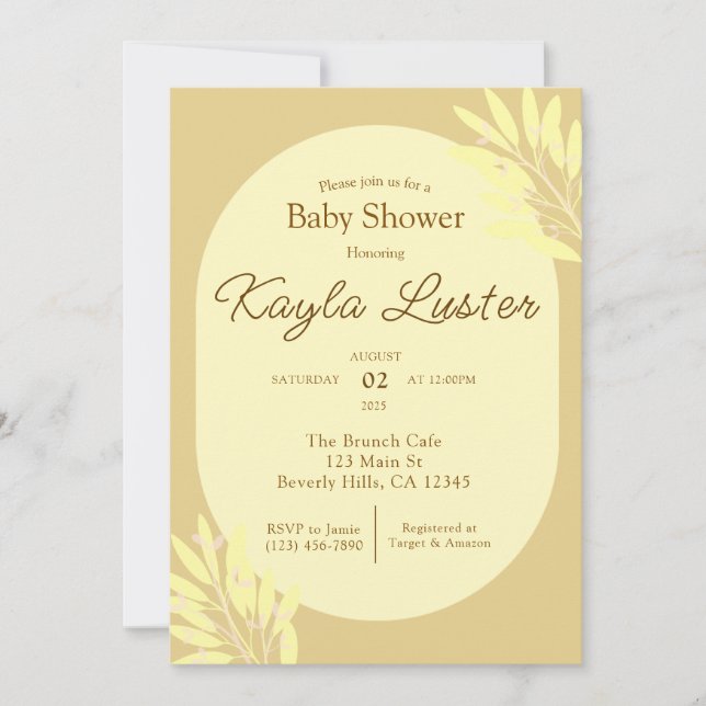 Invitación a Baby Shower amarillo botánico (Anverso)