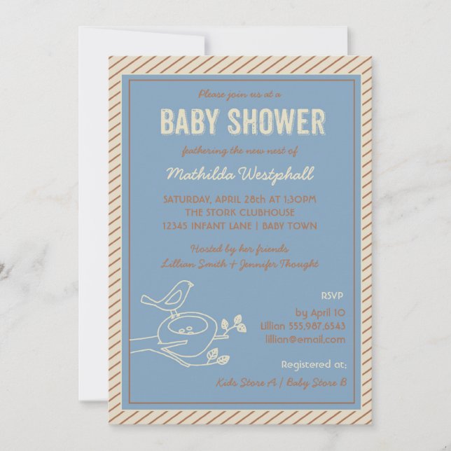 Invitación a Baby Shower azul con nido de pájaro (Anverso)