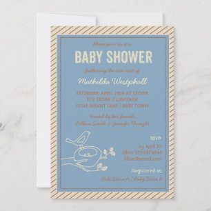 Invitación a Baby Shower azul con nido de pájaro