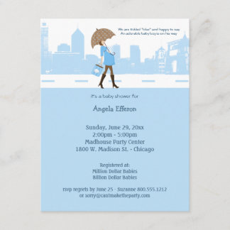 Invitación a Baby Shower azul con polvos urbanos