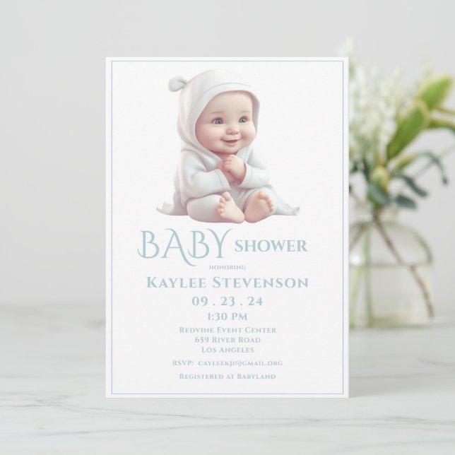 Invitación a Baby Shower azul de Baby Boy (Anverso de pie)