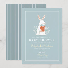 Invitación a Baby Shower azul de conejo blanco