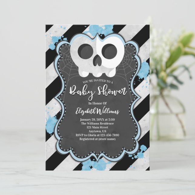Invitación a Baby Shower azul de cráneo de Punk de (Anverso de pie)
