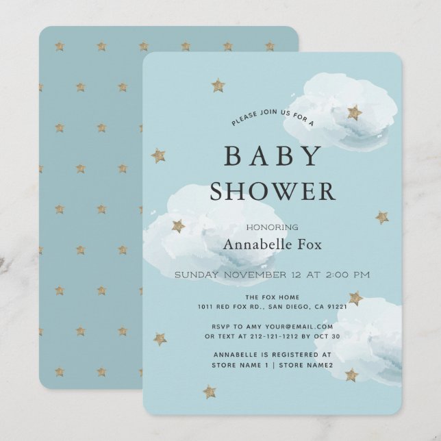 Invitación a Baby Shower azul de estrellas y nubes (Anverso / Reverso)