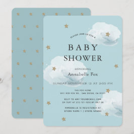 Invitación a Baby Shower azul de estrellas y nubes